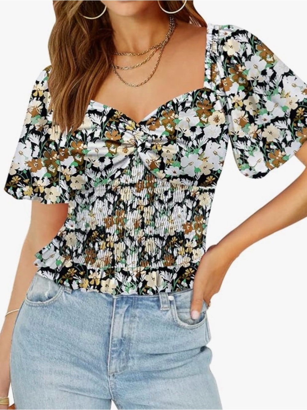 Floral Smocked Puff-Sleeve Top - Black/White/Olive